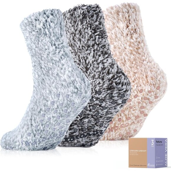 Unisex Black grey brown Non Slip Fluffy Hospital Crew Cozy Warm Socks - Picture 1 of 6